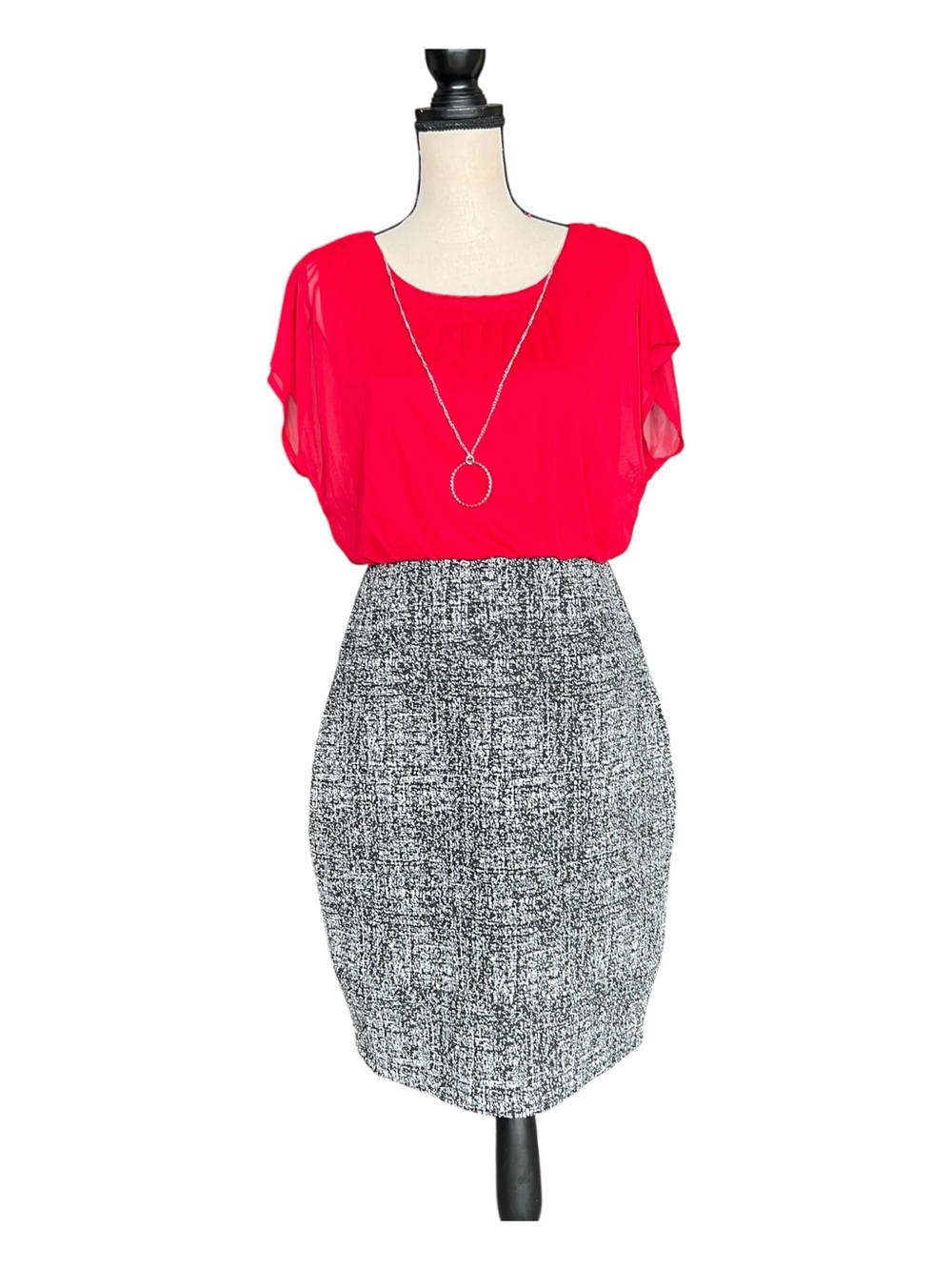 Enfocus Studio Red Blouson Top with Black & White Tweed Pencil Skirt Dress 12